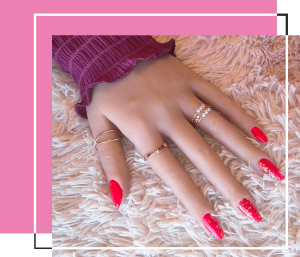 Red Nails with coarse gold glitter.